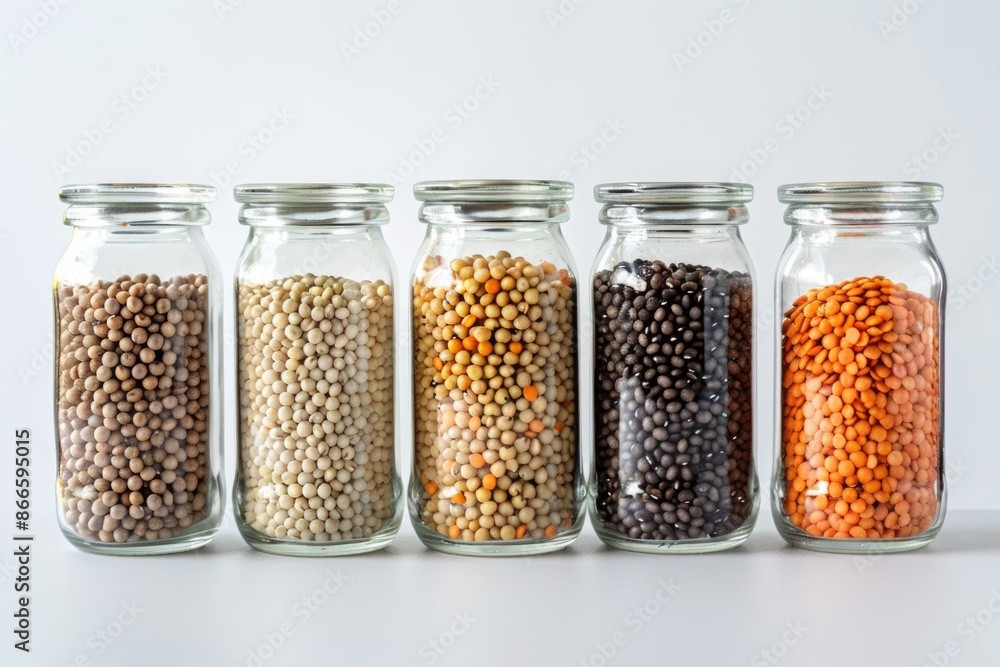 Poster five jars of different colored beans are lined up on a table