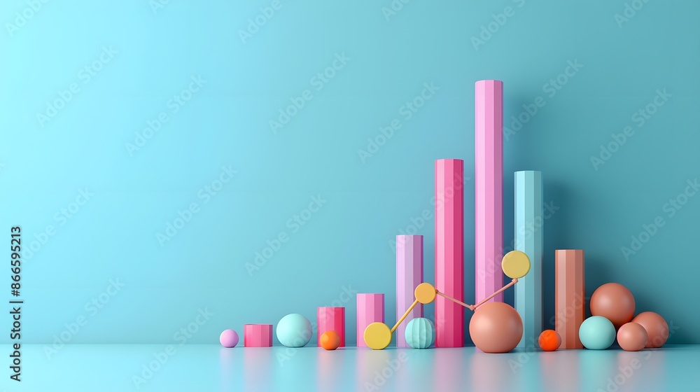 Poster colorful 3d bar and line graph with spheres on a blue background showcasing data visualization and a
