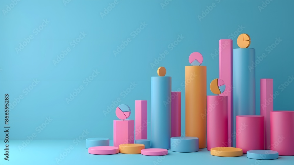 Aufkleber colorful 3d bar and pie charts on a blue background. creative data visualization concept for busines
