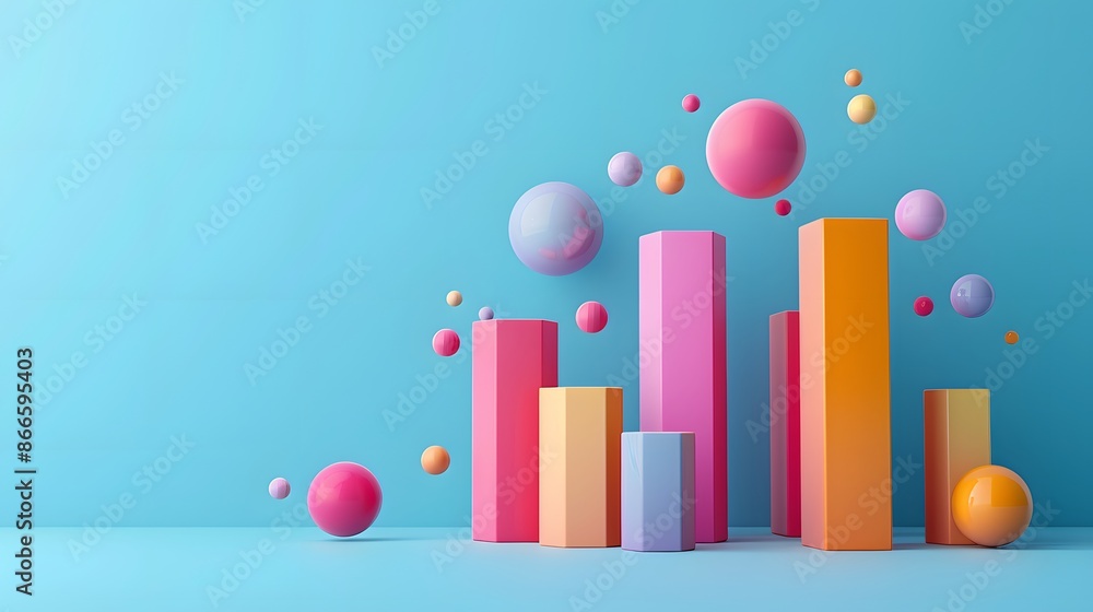 Poster colorful 3d bar and sphere chart on blue background. modern design concept for data visualization, a
