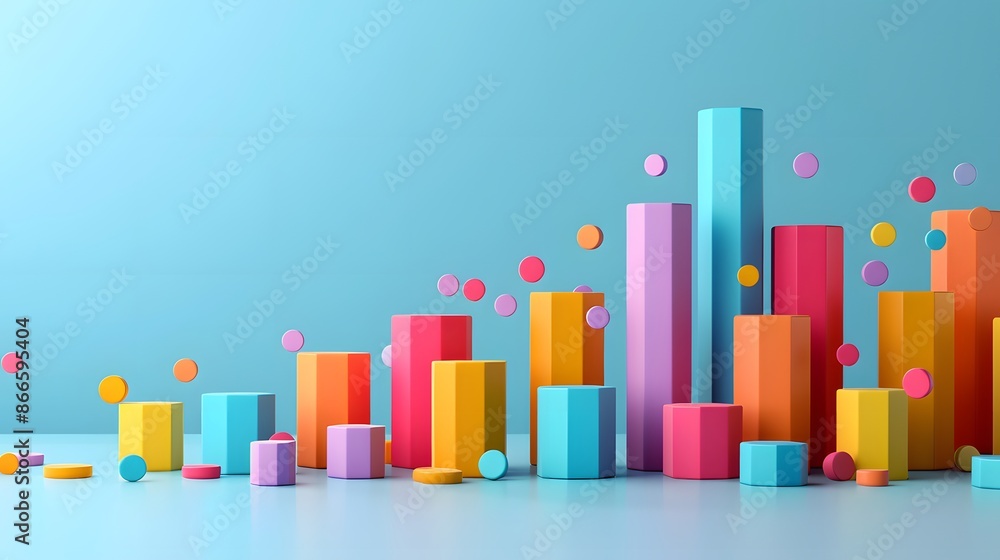 Poster colorful 3d bar chart graph on a light blue background, showcasing varied statistics and data visual