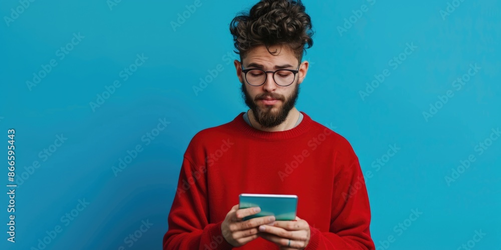 Wall mural A man in a red sweater is looking at a tablet