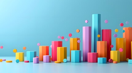 Colorful 3D bar chart graph on a light blue background, showcasing varied statistics and data visualization in vibrant colors.