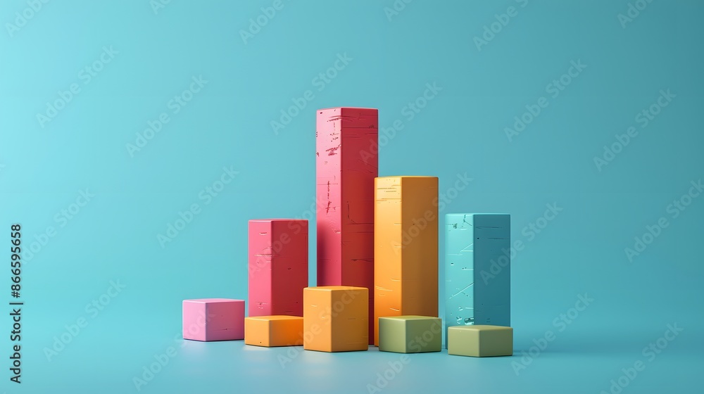Poster colorful 3d bar chart on a light blue background, representing data visualization and business analy
