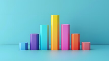 Colorful 3D bar chart on a blue background representing data analysis, business growth, and statistical information.