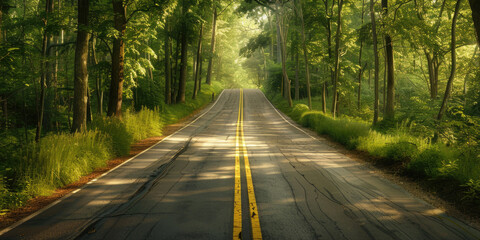 Obraz premium A road with trees on both sides and a yellow line