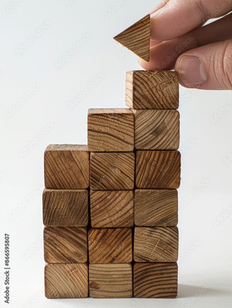 Poster a person is holding a wooden block and placing it on top of another block