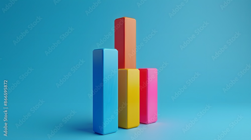 Poster colorful 3d bar chart with four multicolored columns on a blue background, perfect for data visualiz