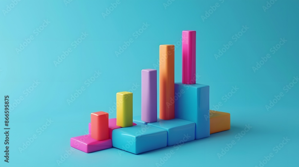 Aufkleber colorful 3d bar chart with different height blocks on a blue background, representing growth, statis