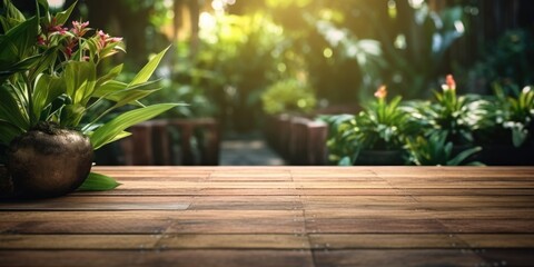Fototapeta premium A wooden table with a potted plant on it
