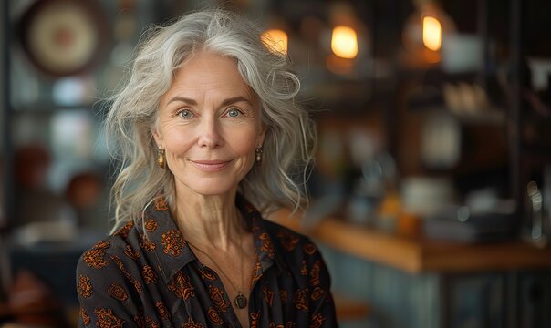 In a cozy office, an older professional woman exudes experience and competence, symbolizing reliability and expertise in her field.