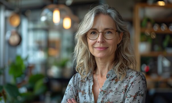 In a cozy office, an older professional woman exudes experience and competence, symbolizing reliability and expertise in her field.