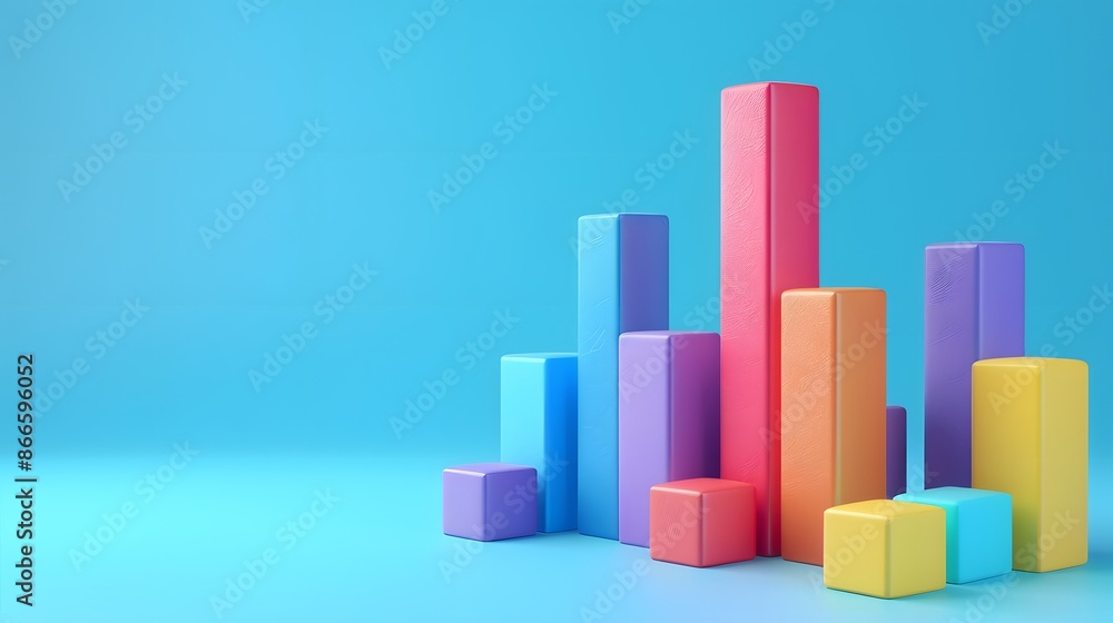 Poster colorful 3d bar graph chart on a blue background, representing statistical data, analysis, and busin