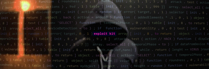 Cyber attack exploit kit text in foreground screen, Anonymous hacker hidden with hoodie in the blurred background. Vulnerability text in binary system, code on editor screen. Text in English.