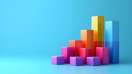 Colorful 3D bar graph illustration on blue background representing data analysis, statistics, growth, and business performance.