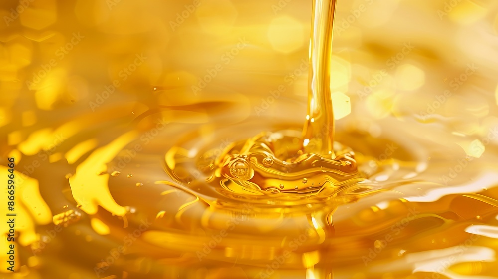 Poster Golden liquid splashing into a pool of molten gold, creating ripples in sunny light. Close-up and abstract photography, vibrant and shiny texture. Perfect for backgrounds and creative projects. AI