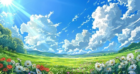 Obraz premium Sunny Meadow Landscape with Lush Greenery and Daisies