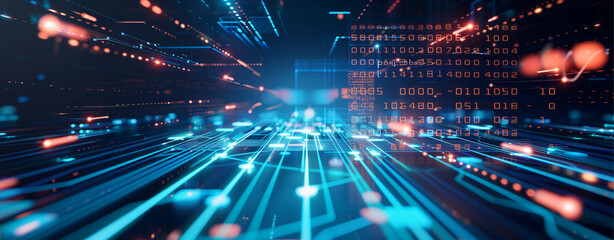 Obraz premium An abstract background featuring glowing neon lights and binary code, evoking a sense of futuristic technology and data transfer.
