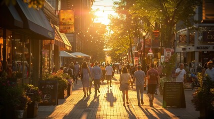 Bustling street scene with people walking during golden hour