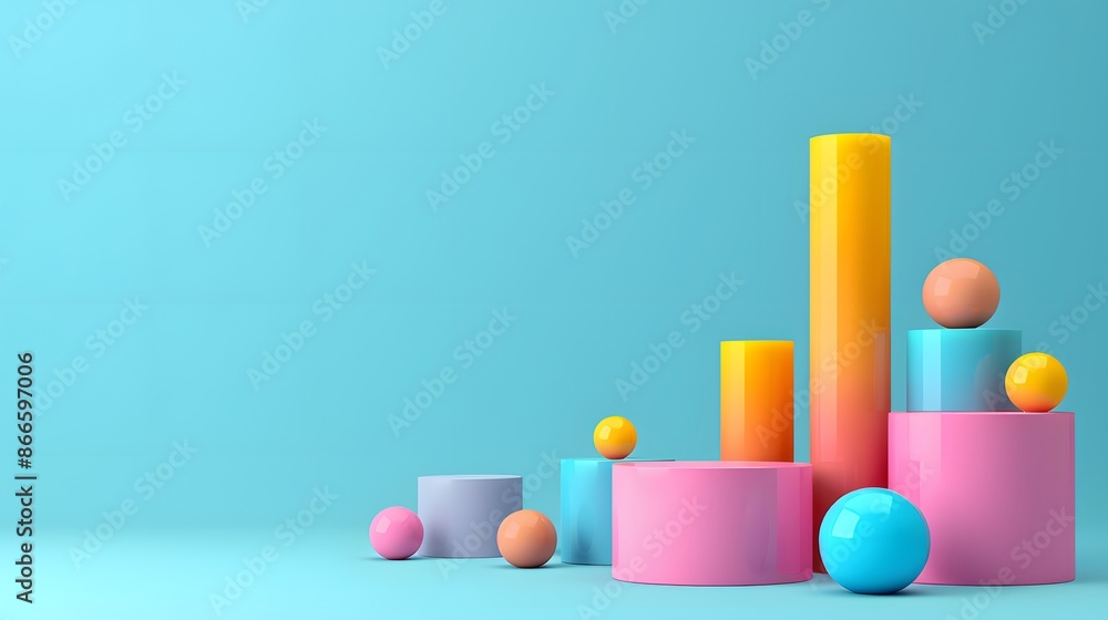 Poster colorful 3d bar graph with spheres on a blue background representing data visualization, growth anal
