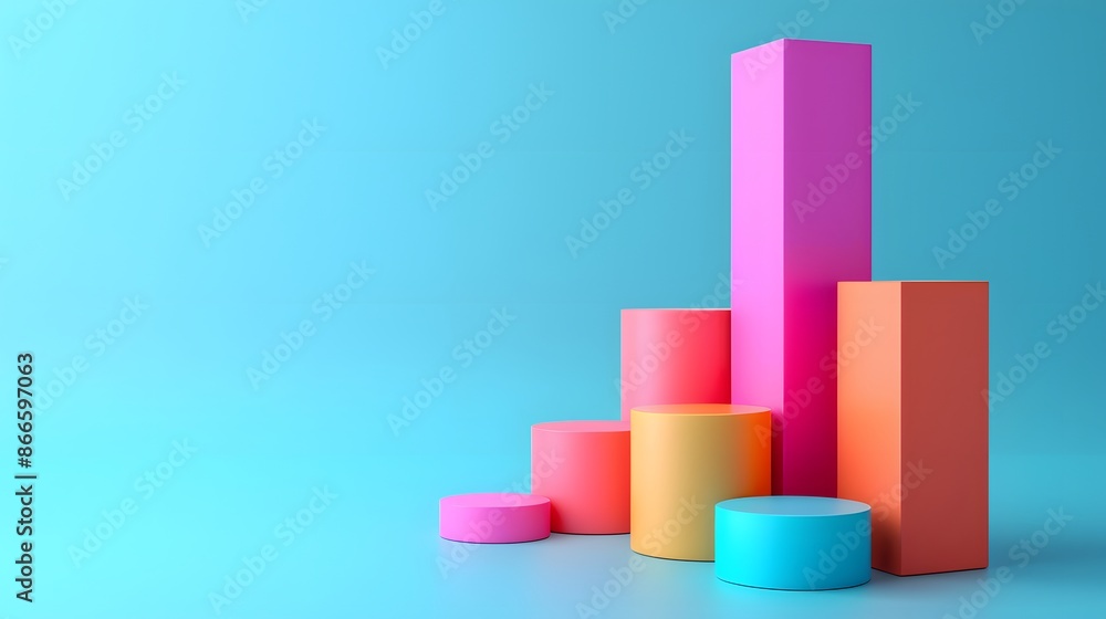 Poster colorful 3d bar graph with various heights against a blue gradient background, representing business