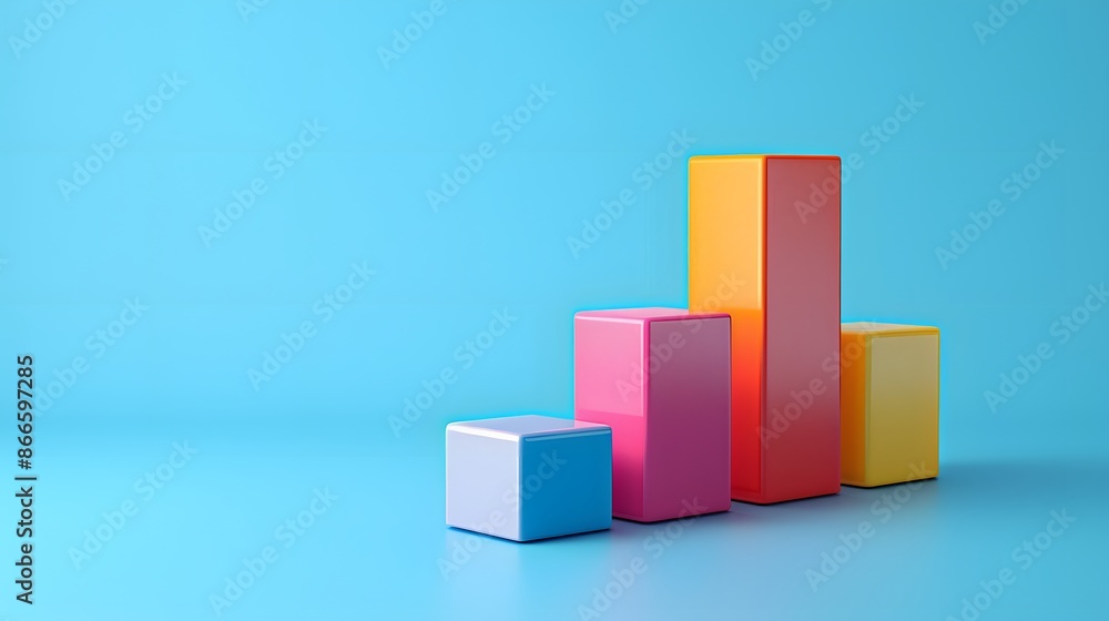 Poster colorful 3d geometric blocks arranged on a blue background, depicting data visualization and modern 