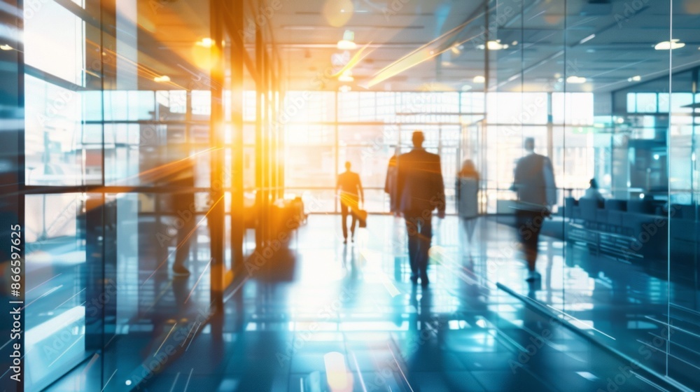 Poster A blurred image of several figures walking through a modern office building. Sunlight streams through the windows creating a bright and dynamic atmosphere