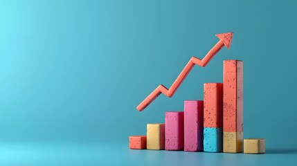 Colorful bar chart with upward arrow on blue background symbolizing business growth, success, and positive trends in finance or statistics.
