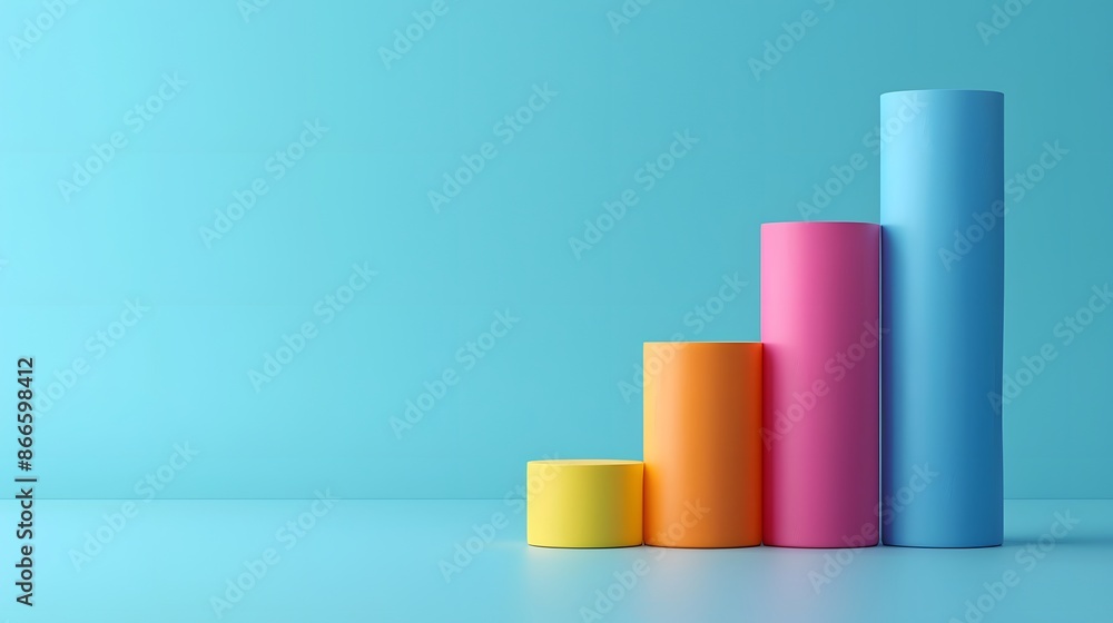 Poster colorful cylindrical bar graph on a blue background symbolizing data growth and success in business 
