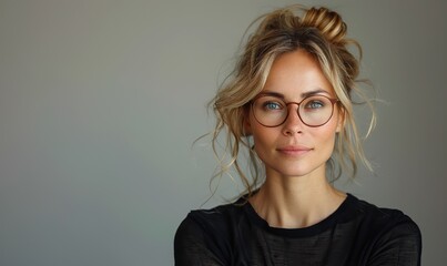 Fototapeta premium Confident businesswoman poses against studio background for captivating portrait.