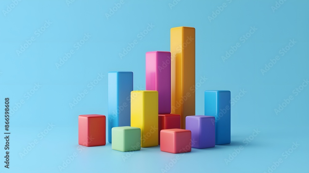 Poster colorful geometric blocks arranged in a graph-like formation on a blue background, representing data