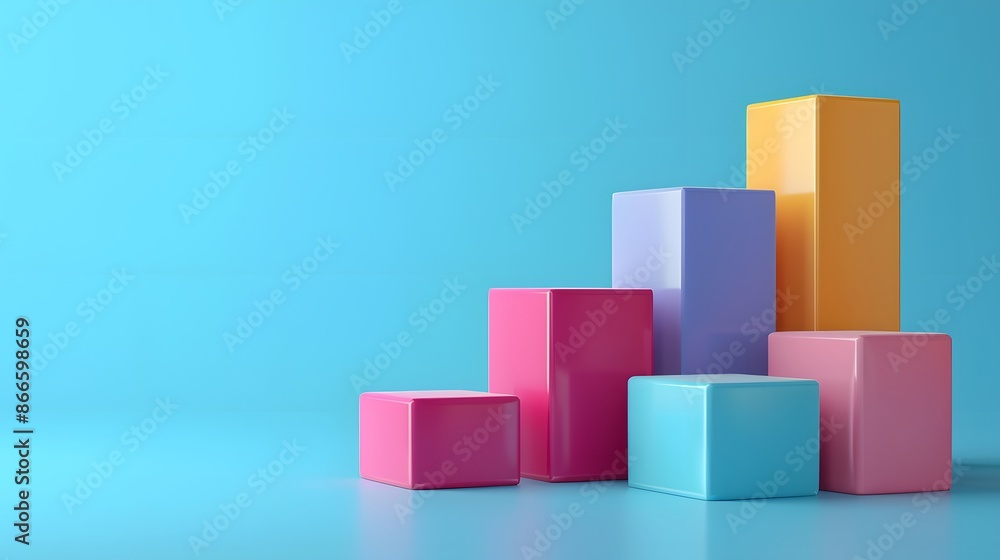 Poster colorful geometric blocks on a blue background, stacked in an abstract and minimalistic arrangement,