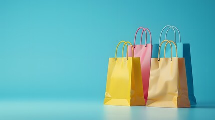 Colorful shopping bags against a blue background, perfect for retail, commerce, and consumer lifestyle themes.