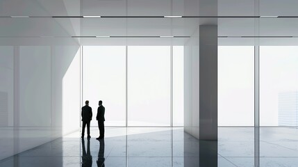 Fototapeta premium Modern office space with two business professionals in conversation. Sleek, minimalist design. Bright natural light from large windows. Perfect for corporate-themed presentations, advertising,
