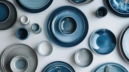 Modern plates in blue and grey colors in a minimalistic flat lay with tableware