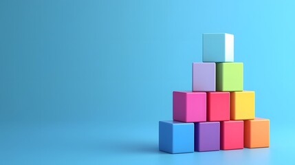 Colorful stacked blocks on a blue background, forming a pyramid shape. The blocks are in shades of pink, green, blue, and yellow.