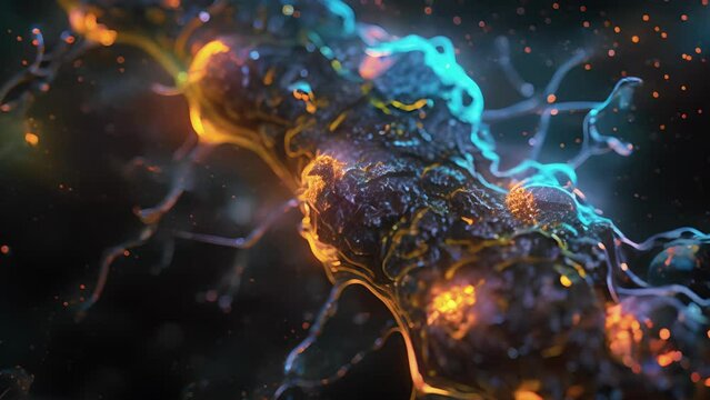 Highresolution animation of oligodendrocytes in the spinal cord highlighting their close proximity to nerve cells and their role in maintaining proper nerve conduction.