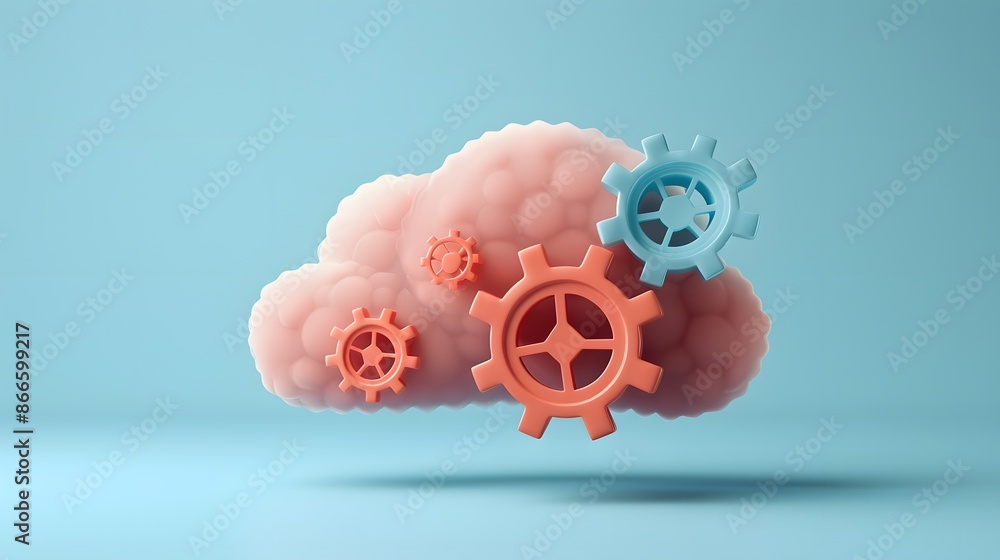 Poster conceptual cloud and gears image depicting cloud computing technology and digital innovation on a li