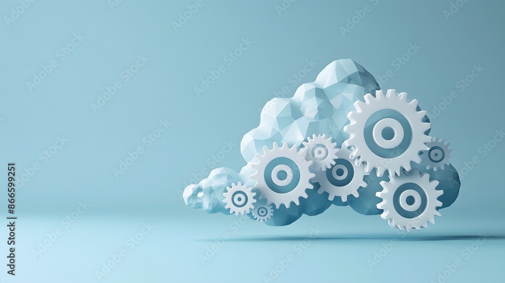 Poster conceptual cloud computing image with gears and cloud shape against a light blue background, represe