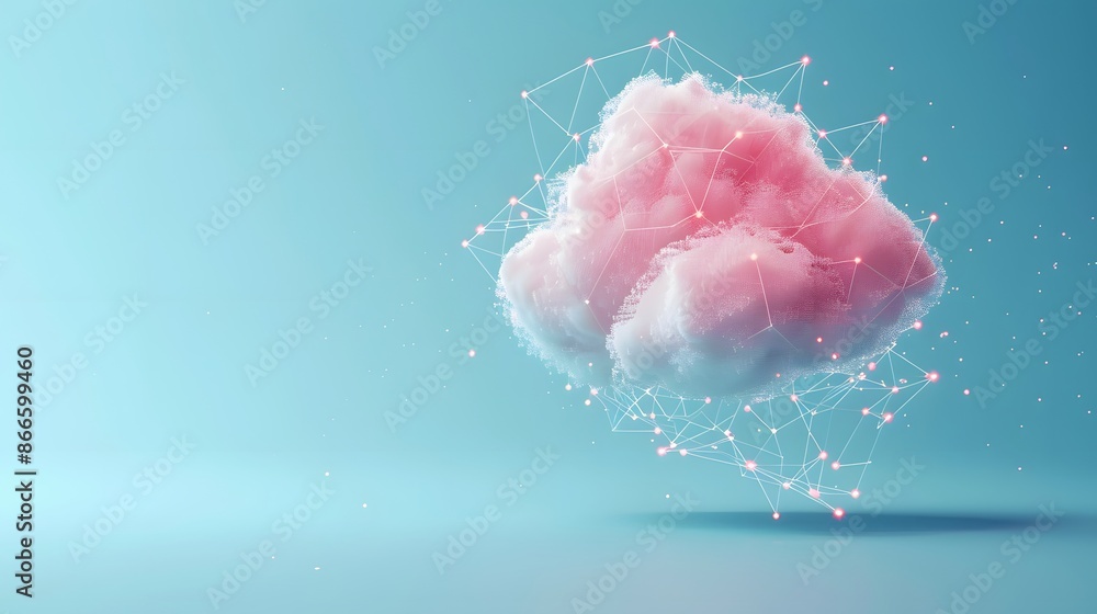 Poster digital cloud network with pink and blue background, symbolizing connectivity and cloud computing. f