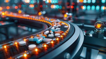 Pharmaceutical Medicine Tablet Pill Production Line. 3d Illustration. AI generated illustration