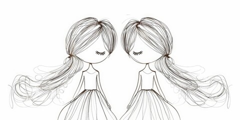 two little girls with long hair, simple line art, white background, cute cartoon style, fashion design sketch in the style of paper