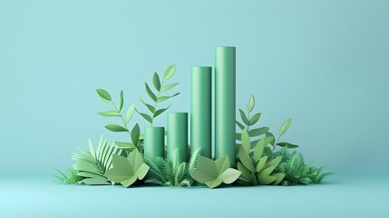 Green bar chart surrounded by leaves, representing eco-friendly growth and sustainability on a blue background.