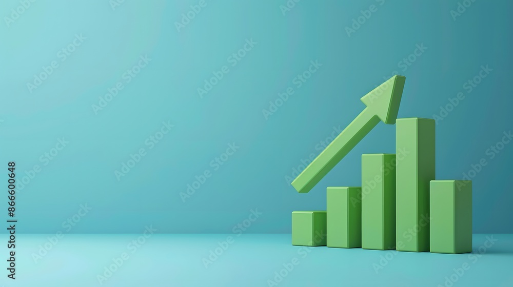 Poster green bar graph with an arrow pointing upwards symbolizing growth and success on a blue background. 