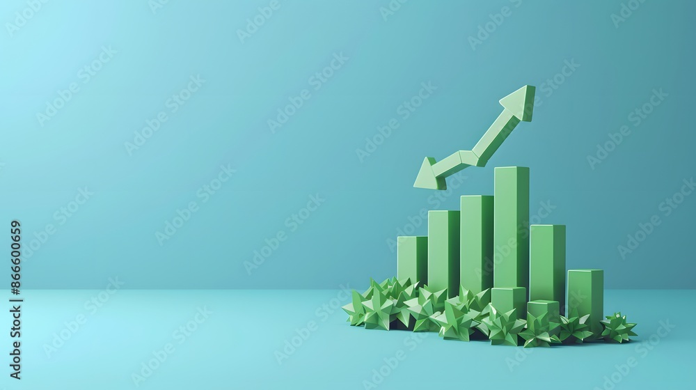 Poster green bar graph with upward arrow representing growth and success in a minimalistic blue background 