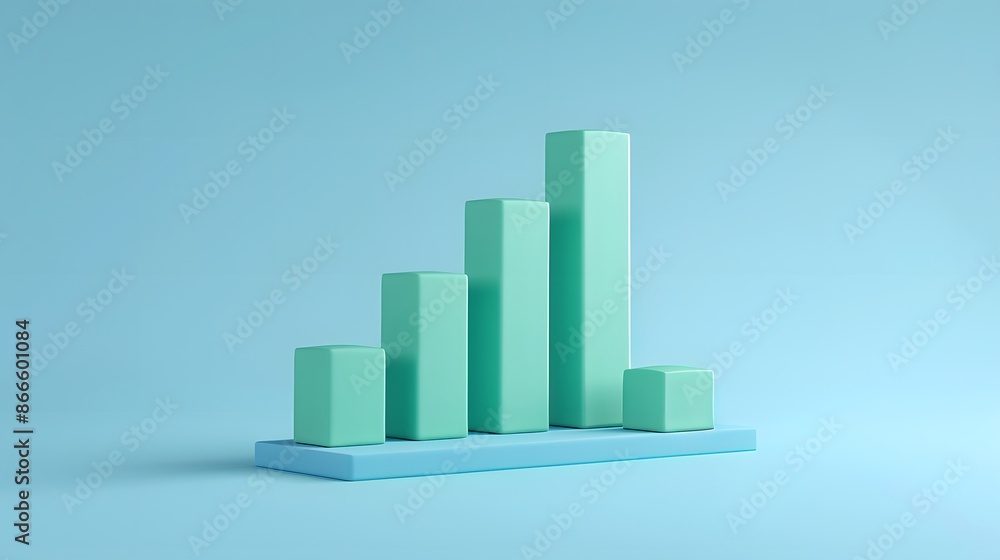Poster minimalist 3d bar chart on a blue background representing data analysis, growth, and progress in a c