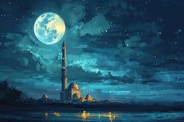 Obraz premium Mosque Under a Full Moon and Starry Sky
