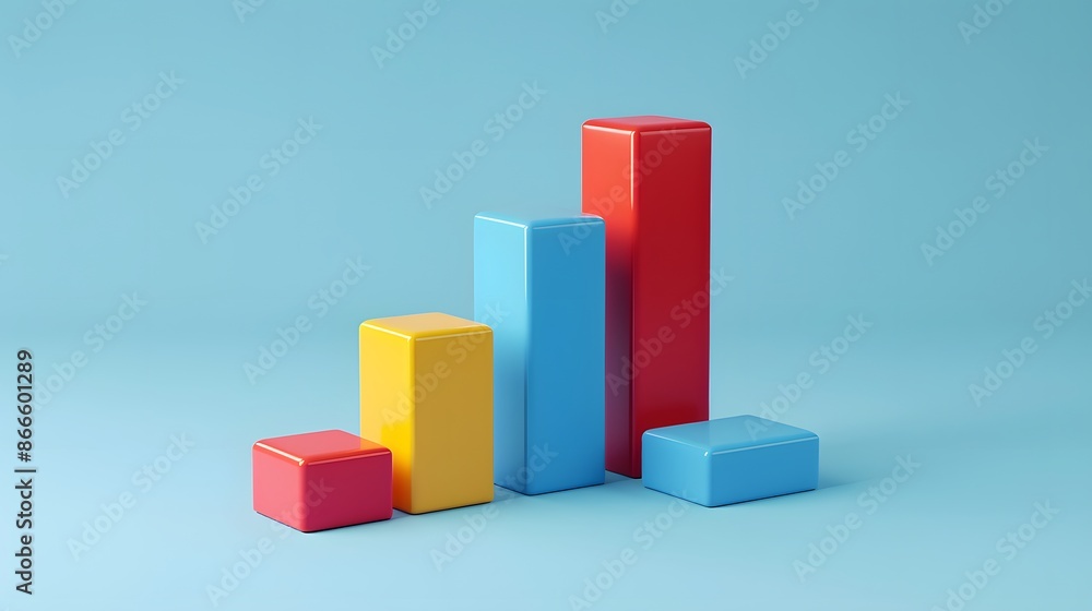 Poster minimalist 3d bar graph with colorful blocks on blue background, representing data, statistics, and 