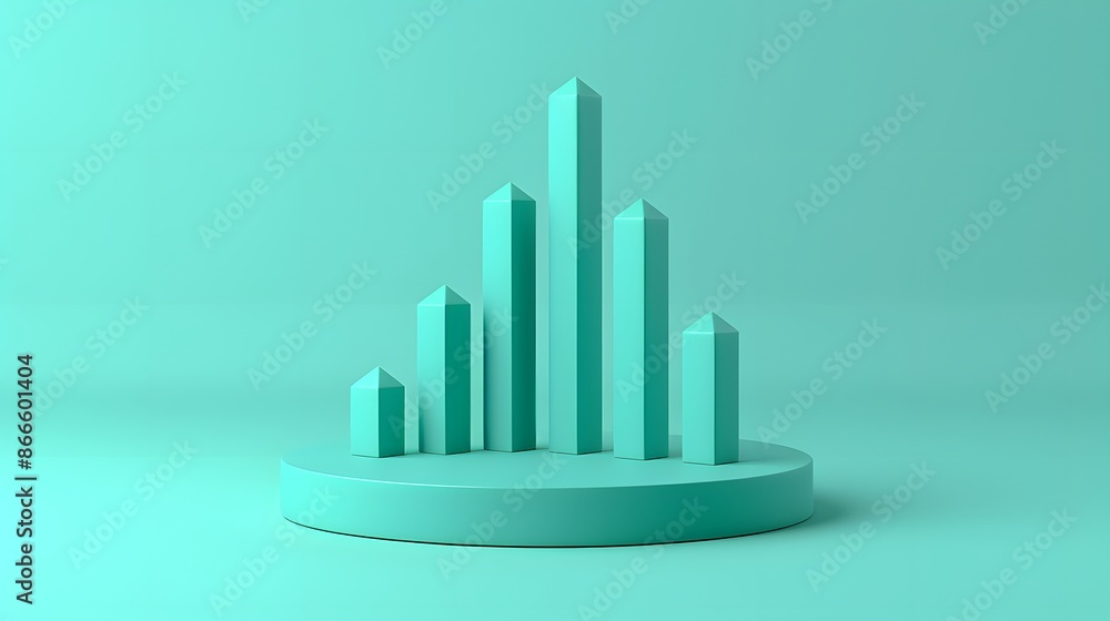 Poster minimalist 3d render with blue geometric shapes forming a bar graph on a round base, depicting data 