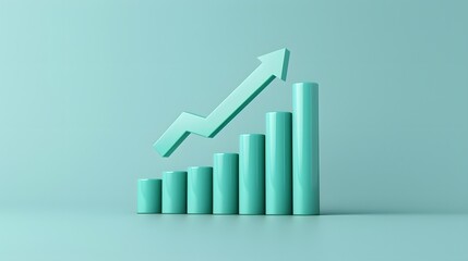 Minimalist 3D rendering of a bar graph with an upward arrow symbolizing growth, success, and positive financial trends on a teal background.